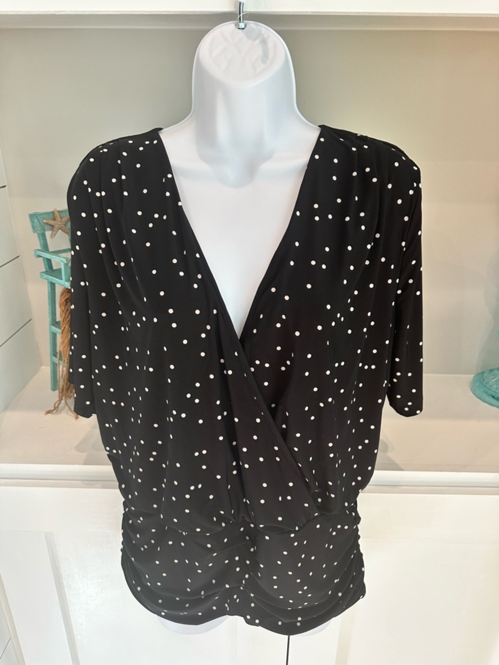INC International Concepts NWOT Black & Cream Polka Dot Wrap Blouse